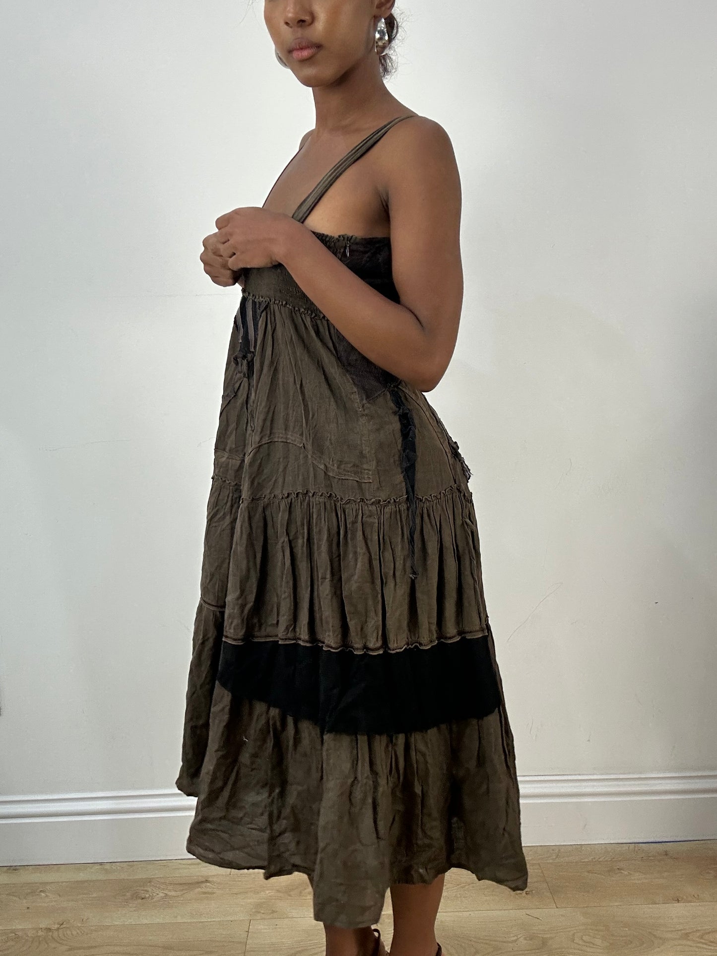LFW edit | small khaki green tiered maxi dress with ruched bust