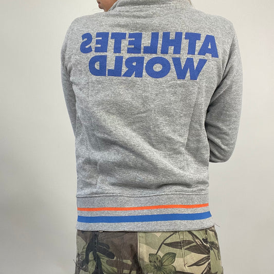 ELEVATED SPORTSWEAR DROP | large grey “athletes world” sporty zip up jumper