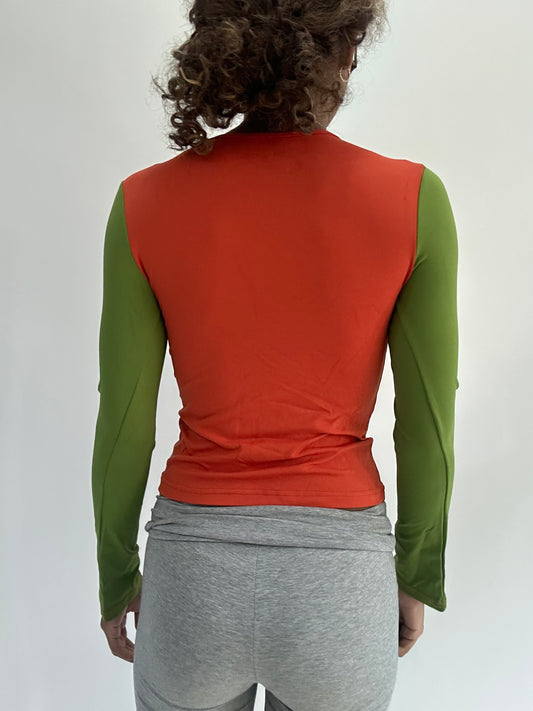 ‼️ | small green long sleeve top with orange vest overlay detail