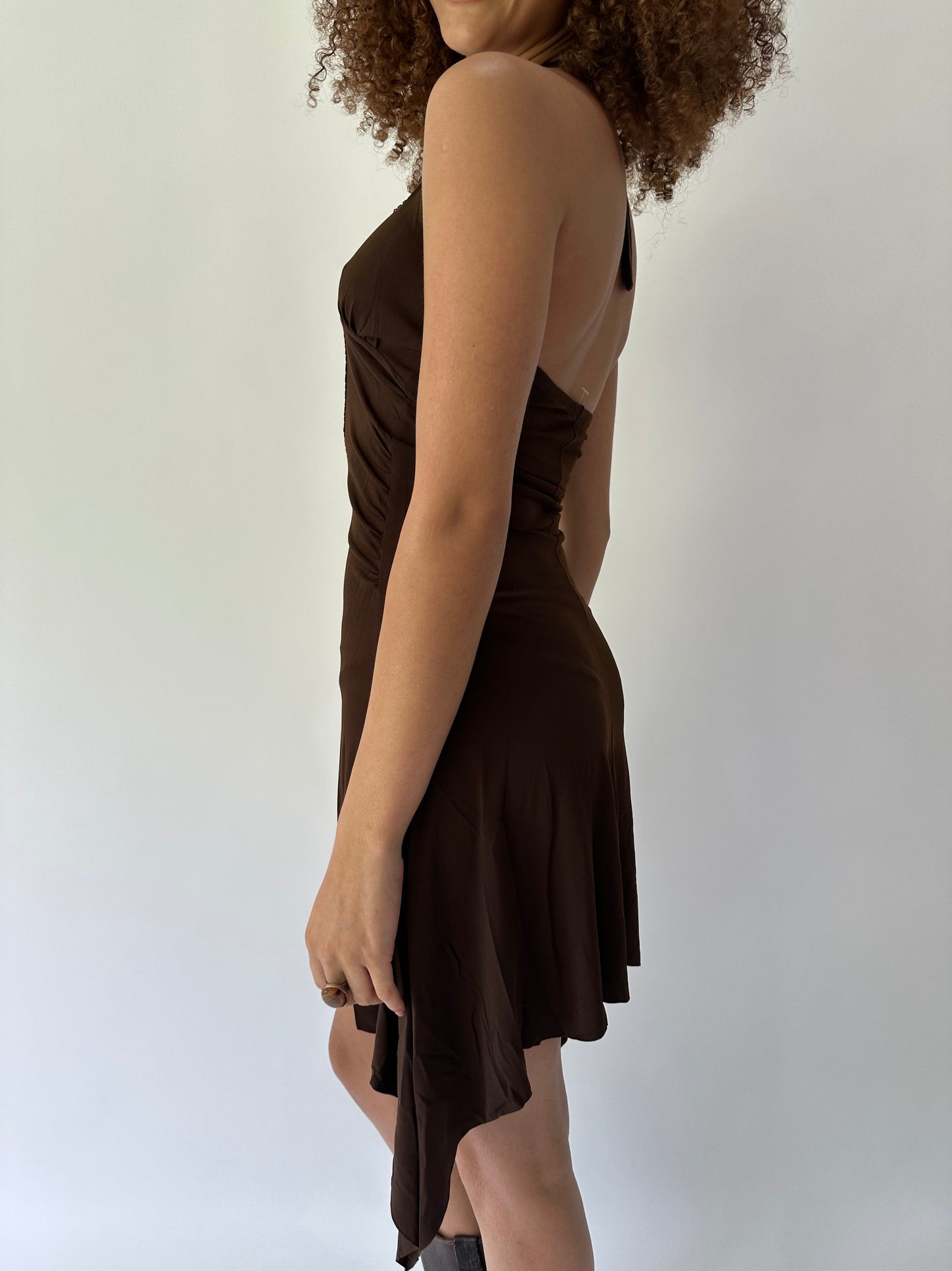festival drop | small brown halterneck asymmetric midi dress