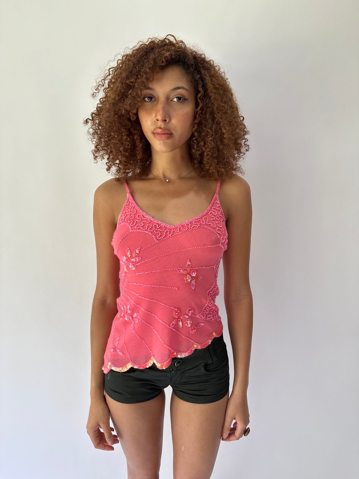 festival drop | small/medium pink asymmetric beaded cami top