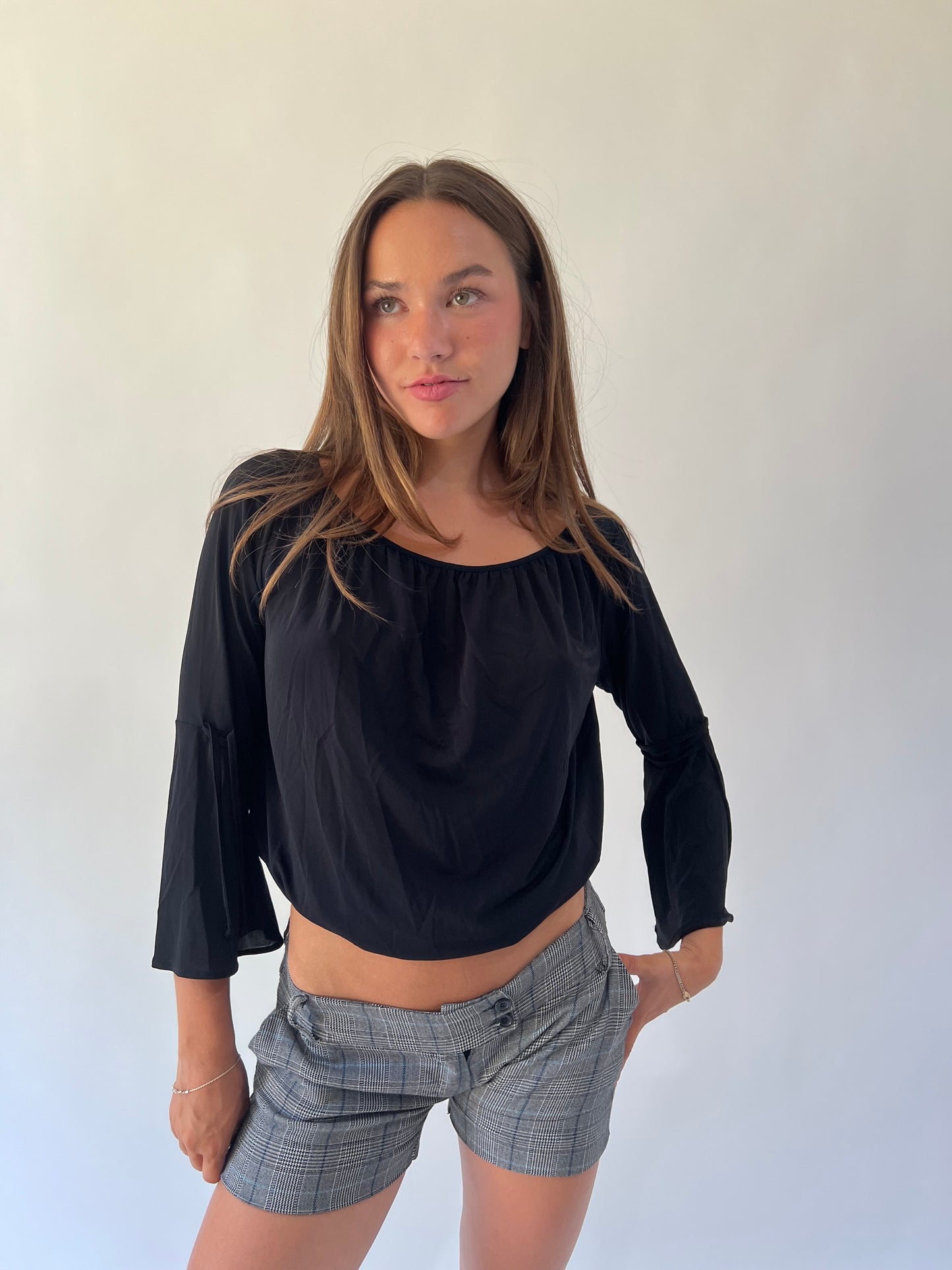 back to school drop | medium black sheer off the shoulder top