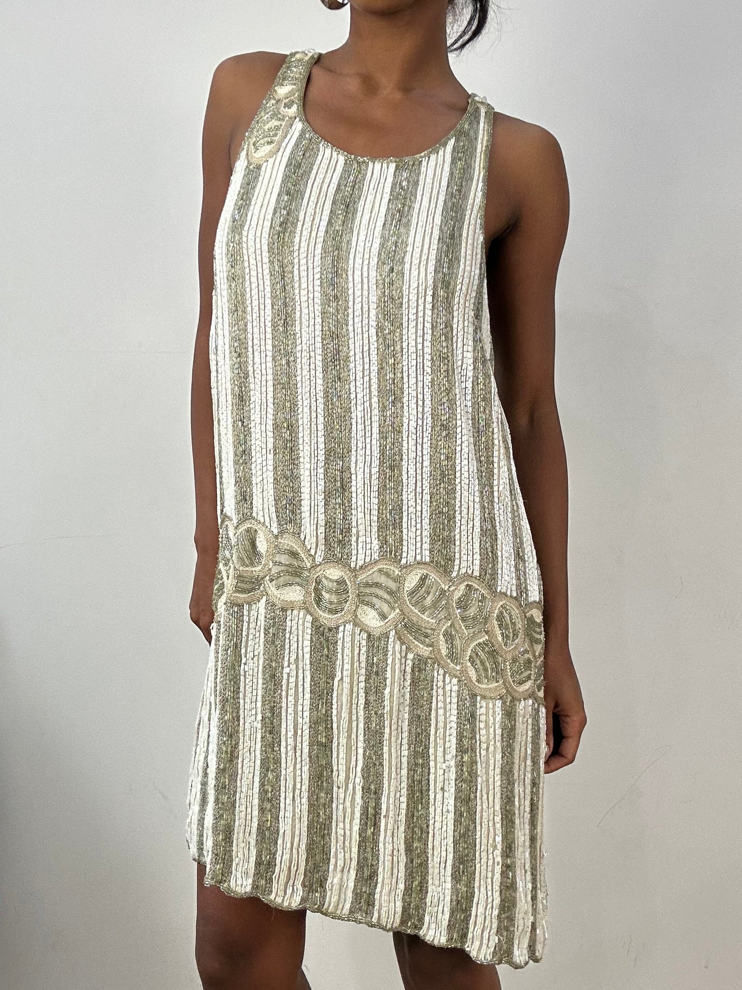 vintage edit: halloween | small white and green beaded midi dress