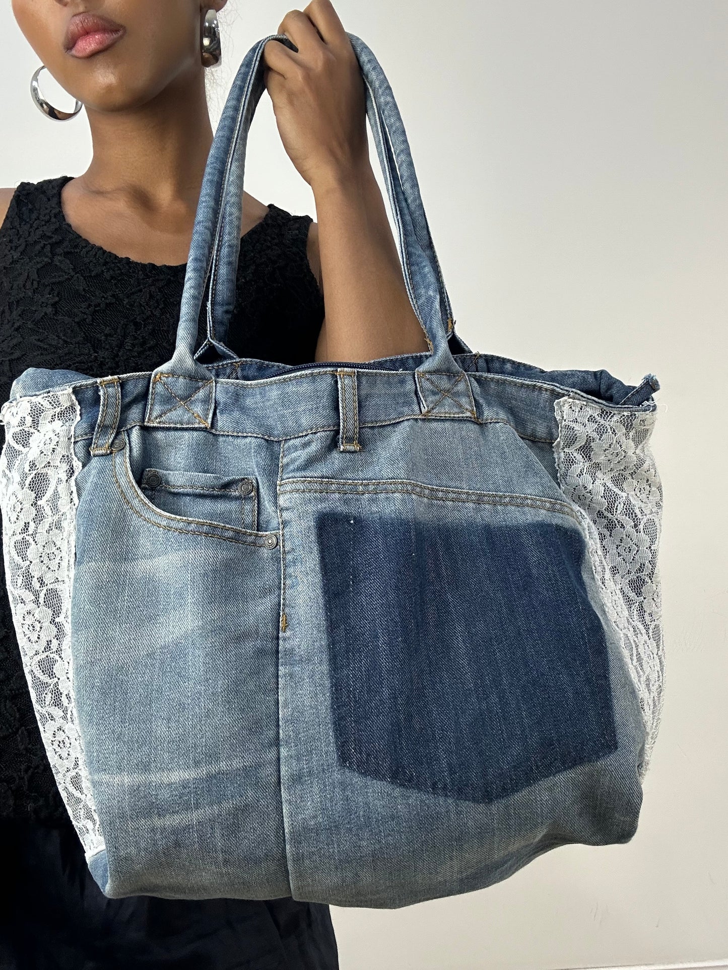 vintage edit: indie sleaze | blue denim tote bag with lace details