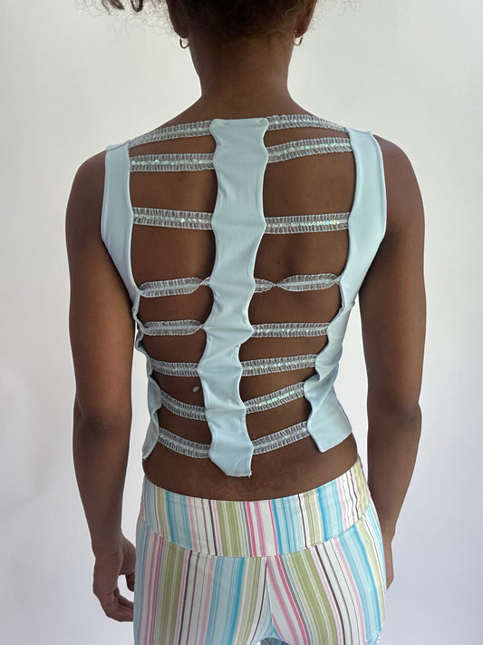 olivia rodrigo drop | small blue cut out back top