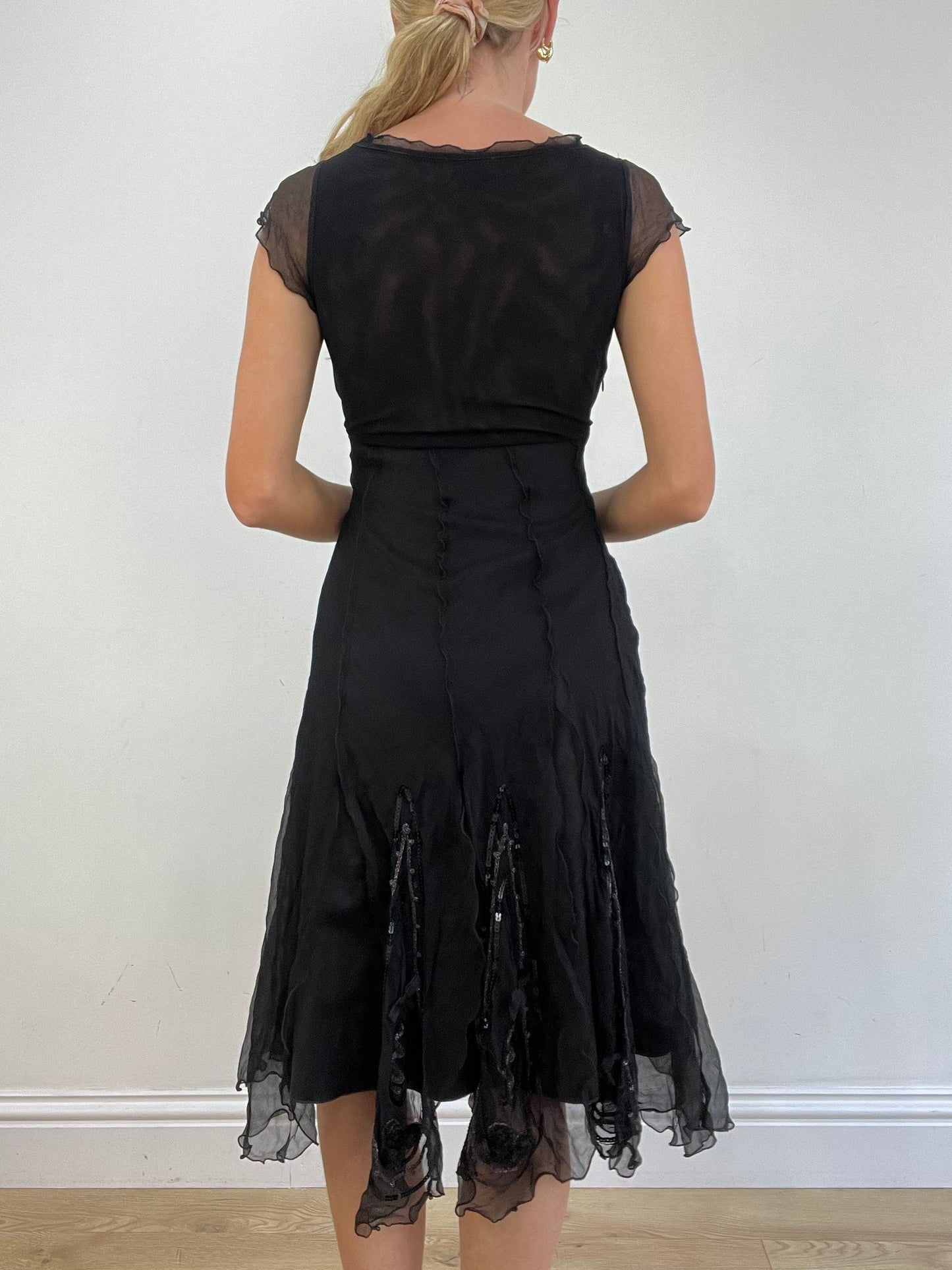 vintage edit thirteen | small black sequin chiffon midi dress
