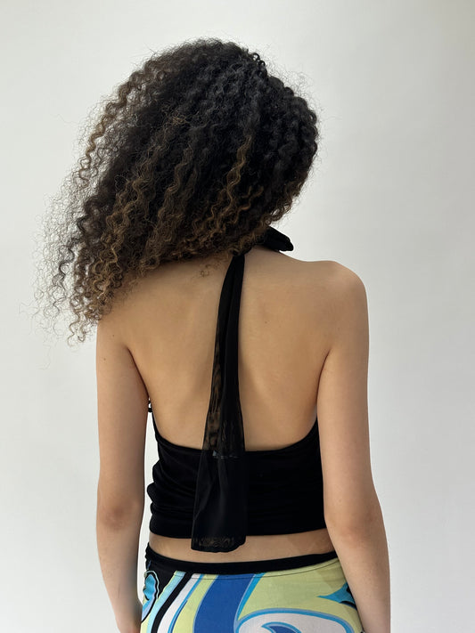 festival drop | small black sequin halterneck mesh overlay top