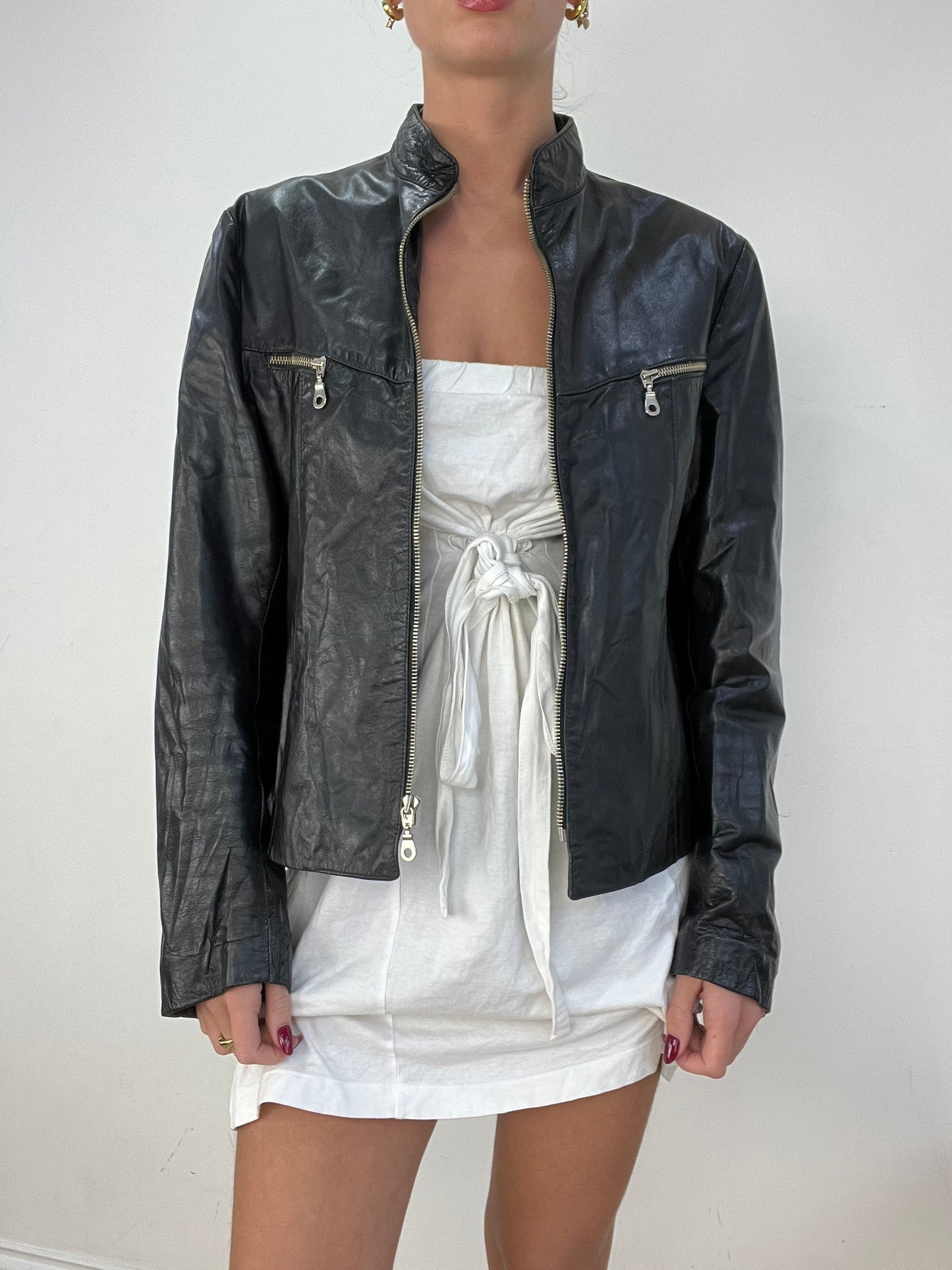 vintage edit fourteen | medium black faux leather biker jacket