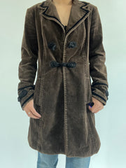 autumn picks | medium green brown mid-length coat with frog buttons details