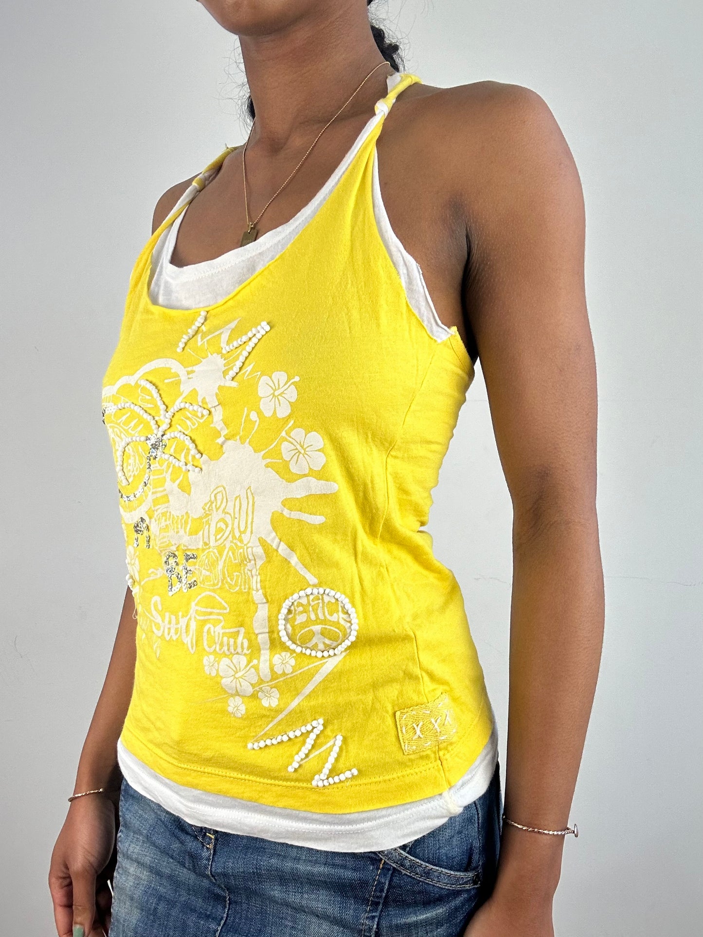vintage edit: tops | medium yellow and white cami top with sequins and beach print
