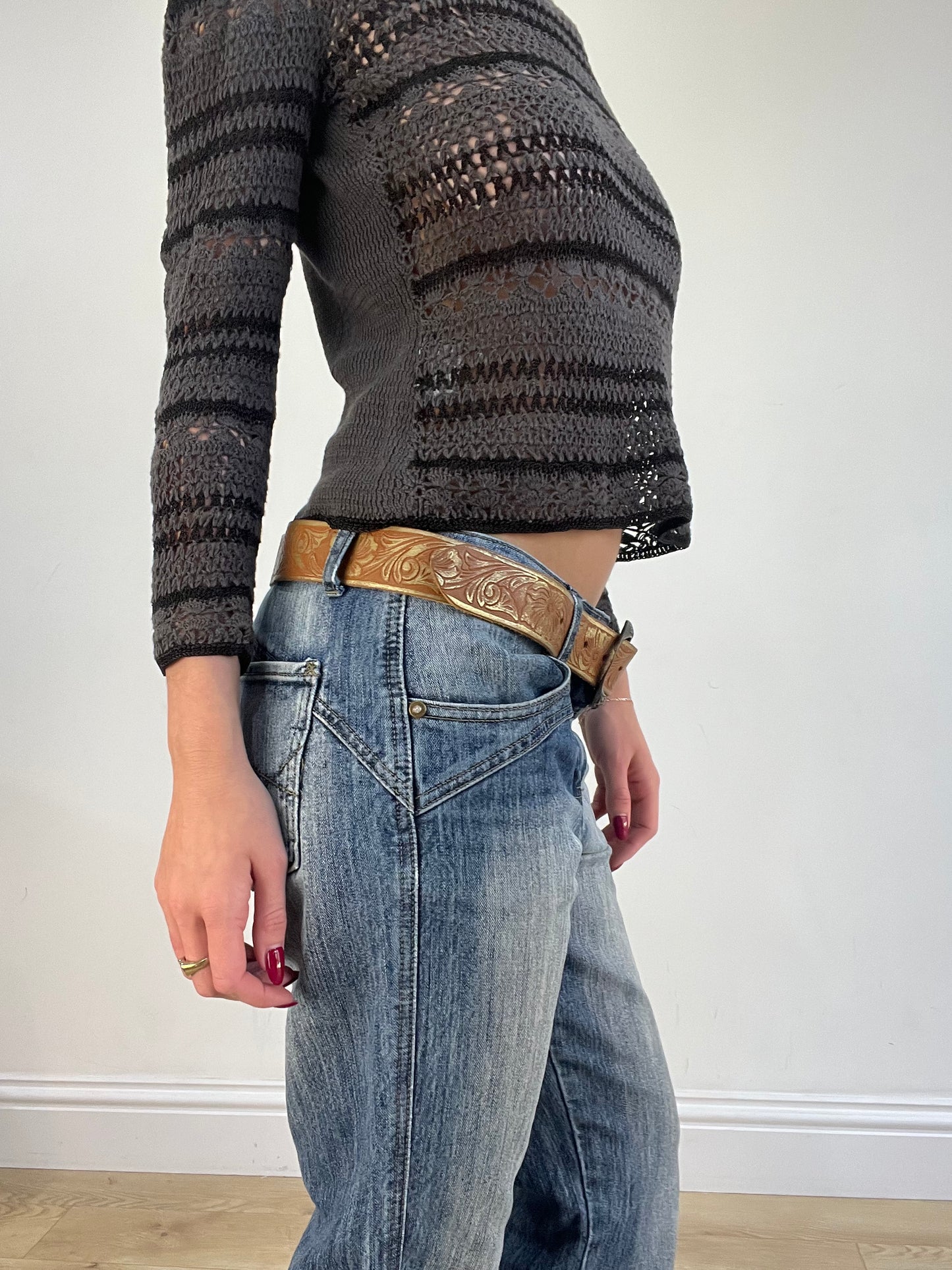 vintage edit sixteen | brown leather floral print belt