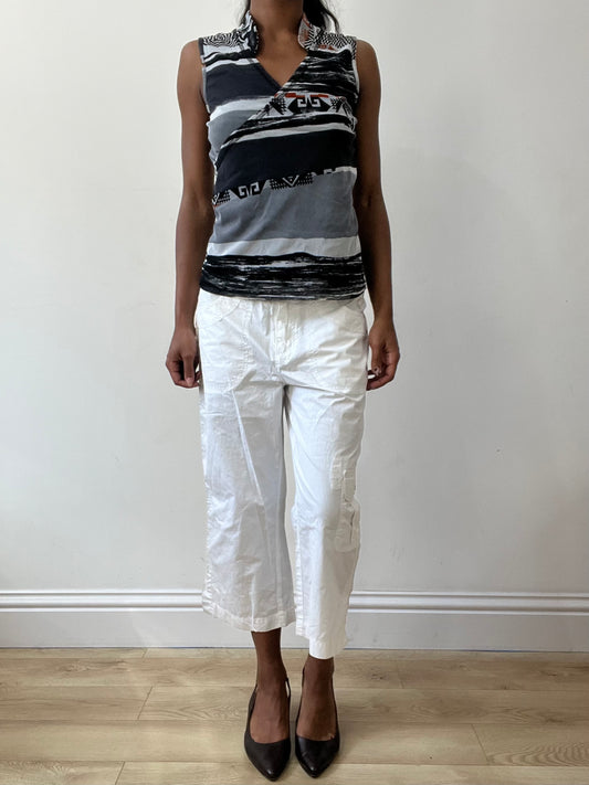 BEST PICKS | small grey and black mesh overlay graphic print top