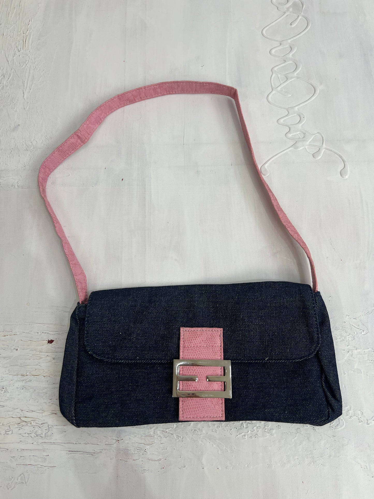 vintage edit twenty eight | blue denim shoulder bag with pink strap and clasp detail