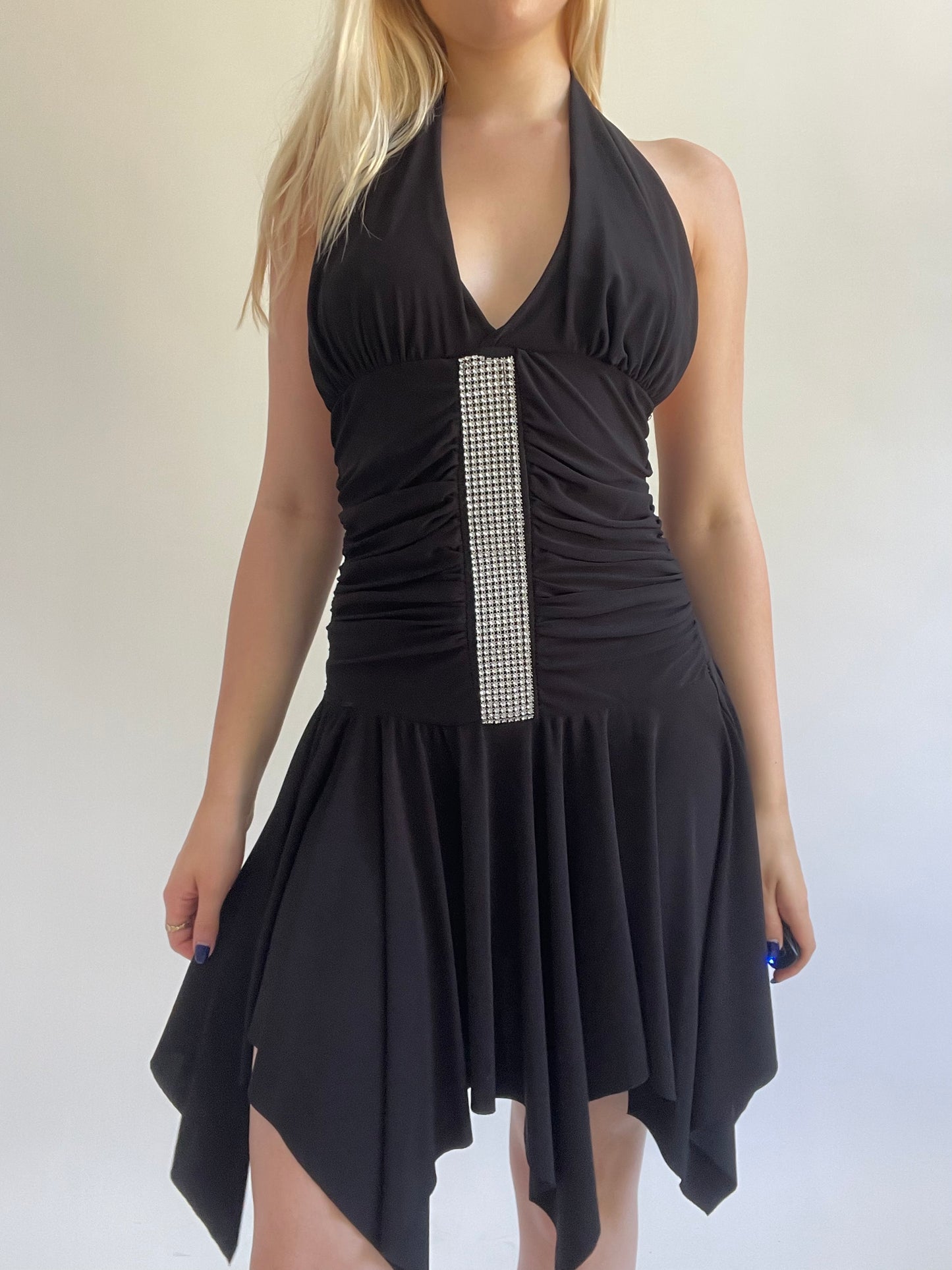 Y2K| medium black mini dress with gem details