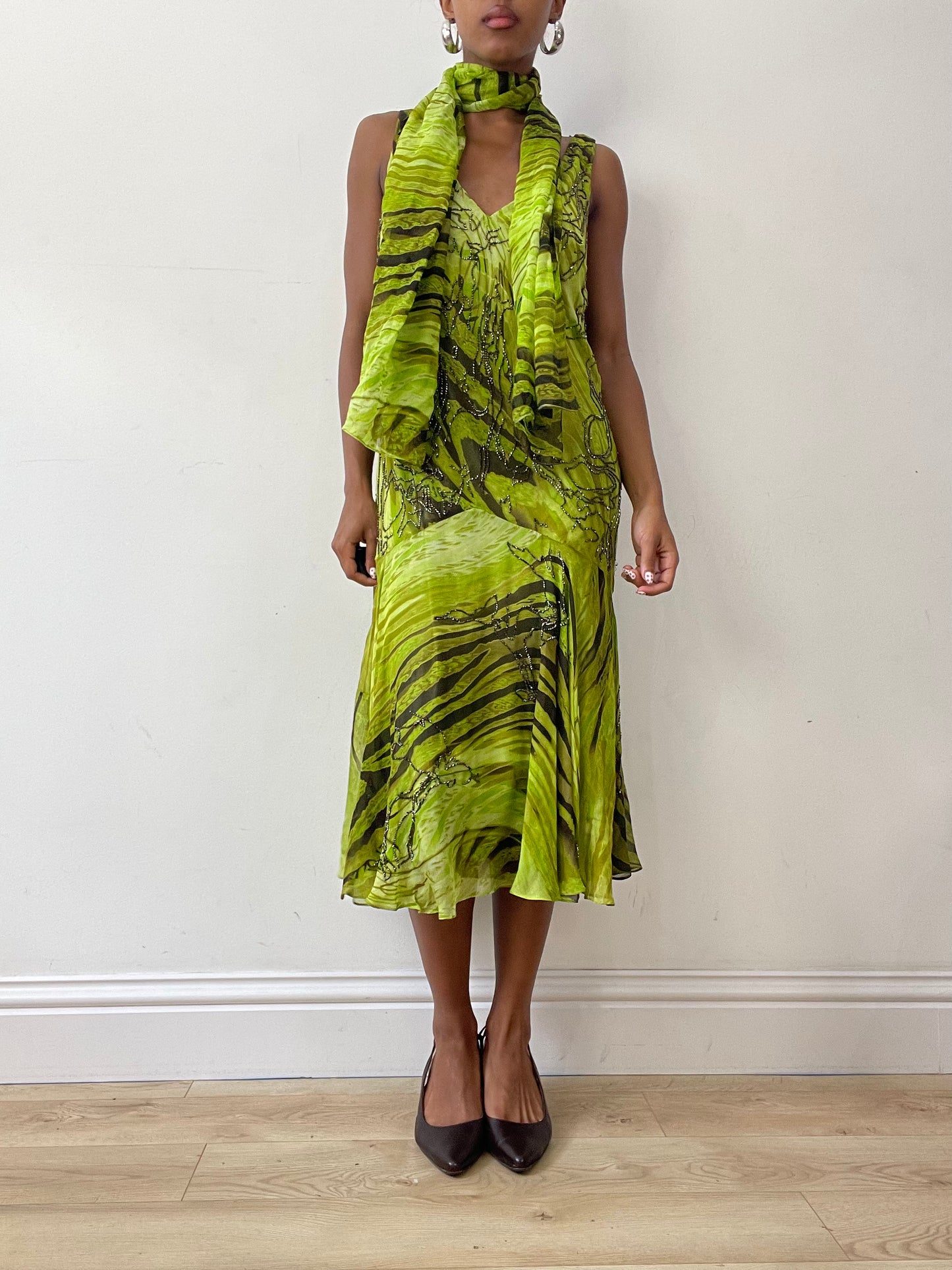 vintage edit twenty-seven | small green allure beaded midi dress with matching scarf