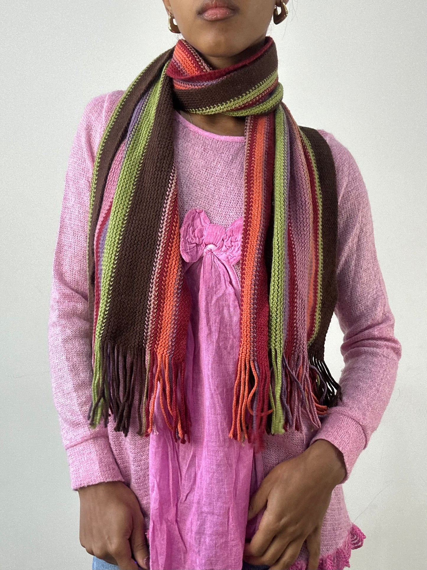 winter edit | green and brown striped knit tassel scarf