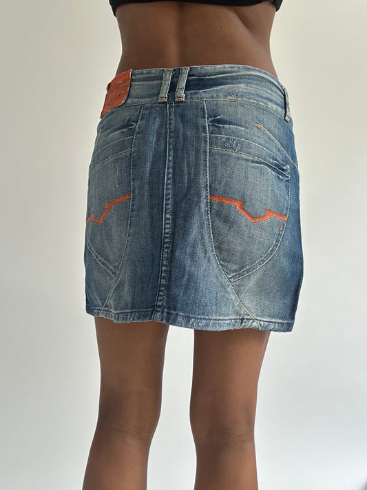 euro trash | small blue and orange harley davidson denim mini skirt