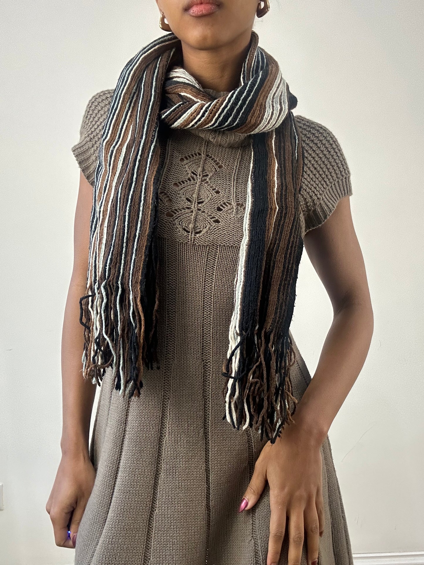winter edit | brown and blue striped knit tassel scarf
