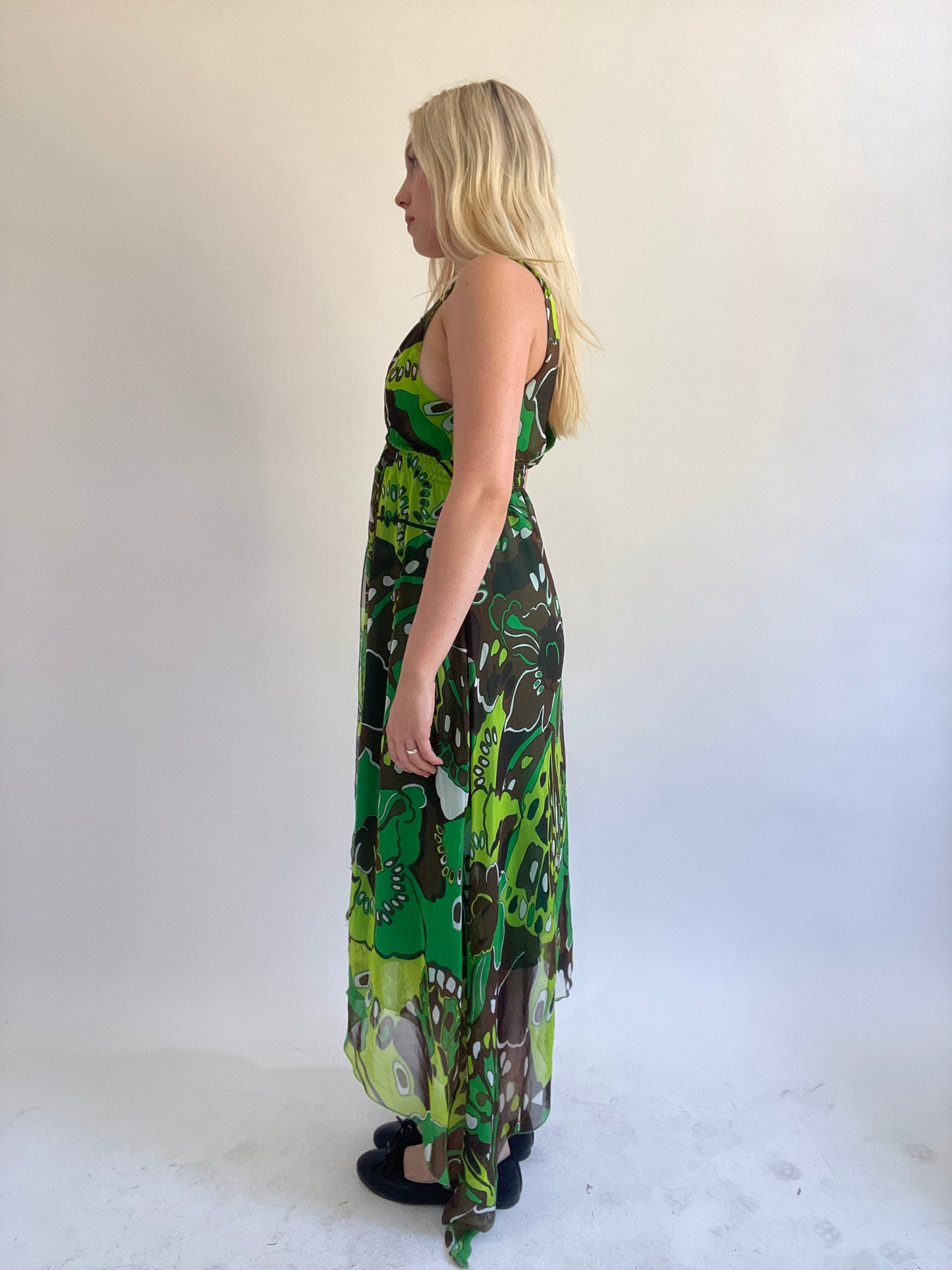 Y2K| medium green patterned maxi dress