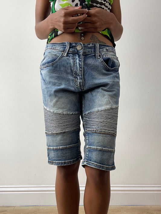 midsummer edit | medium blue denim shorts with ribbed panel detail