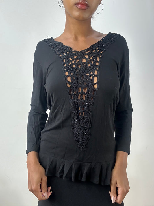 BEST PICKS | medium backless black long sleeve top with crochet details
