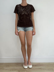 Top-Auswahl | Mittelbraunes Short-Seleve-Top aus Mesh mit Pailletten-Detail