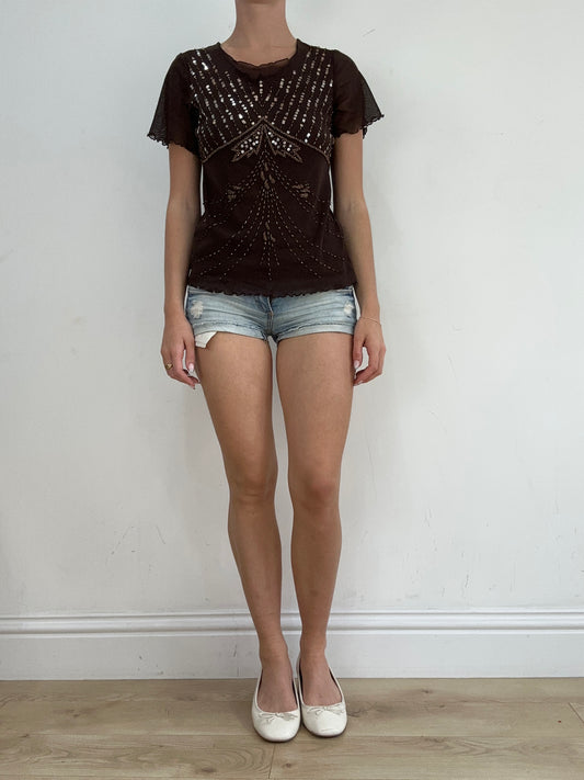 BEST PICKS | medium brown mesh short sleeve top with sequin detail
