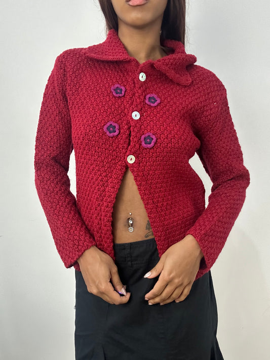BEST PICKS | small red knit cardigan top with 3d floral details
