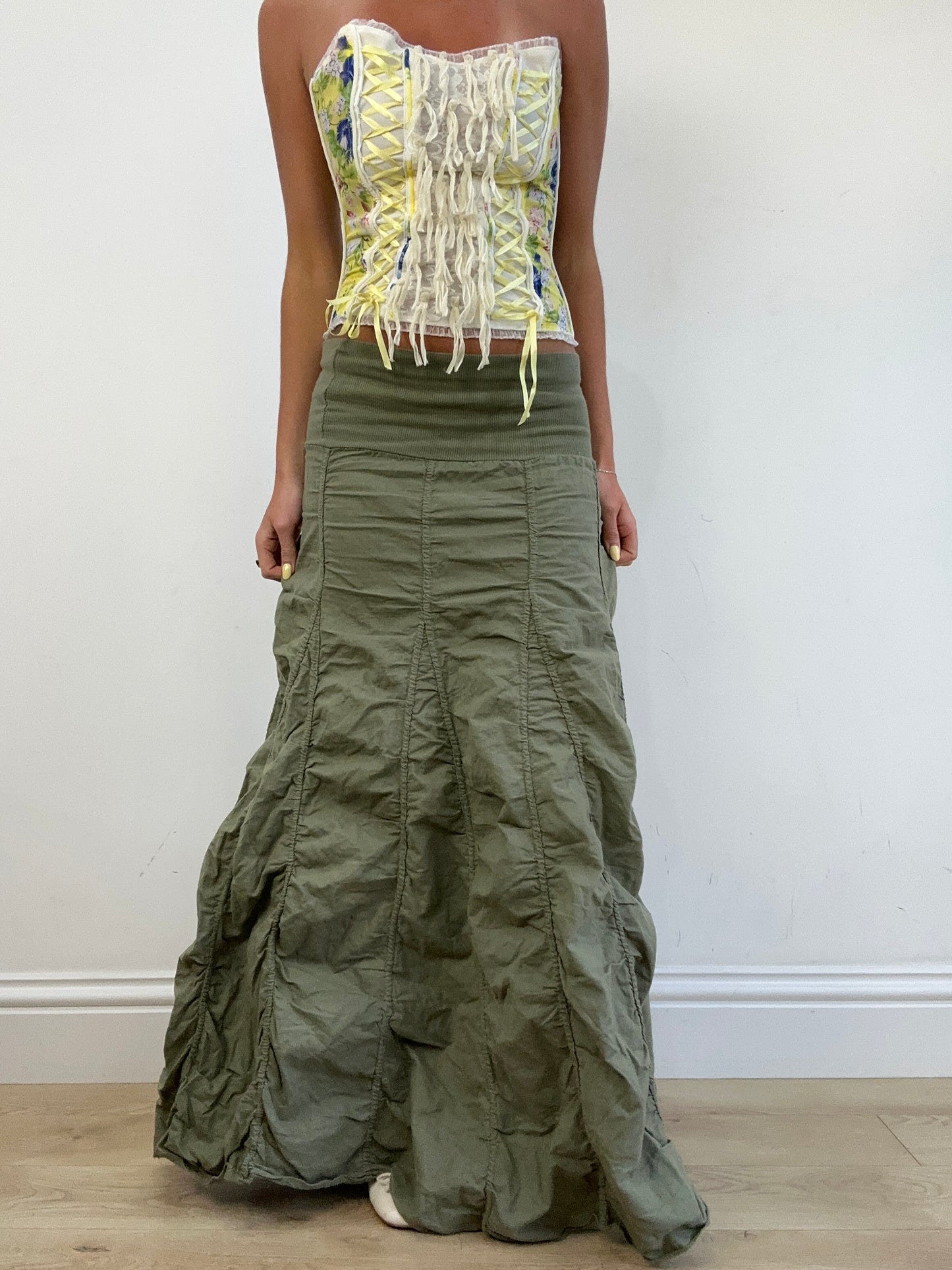 vintage edit eleven | small khaki bubble style ruched maxi skirt