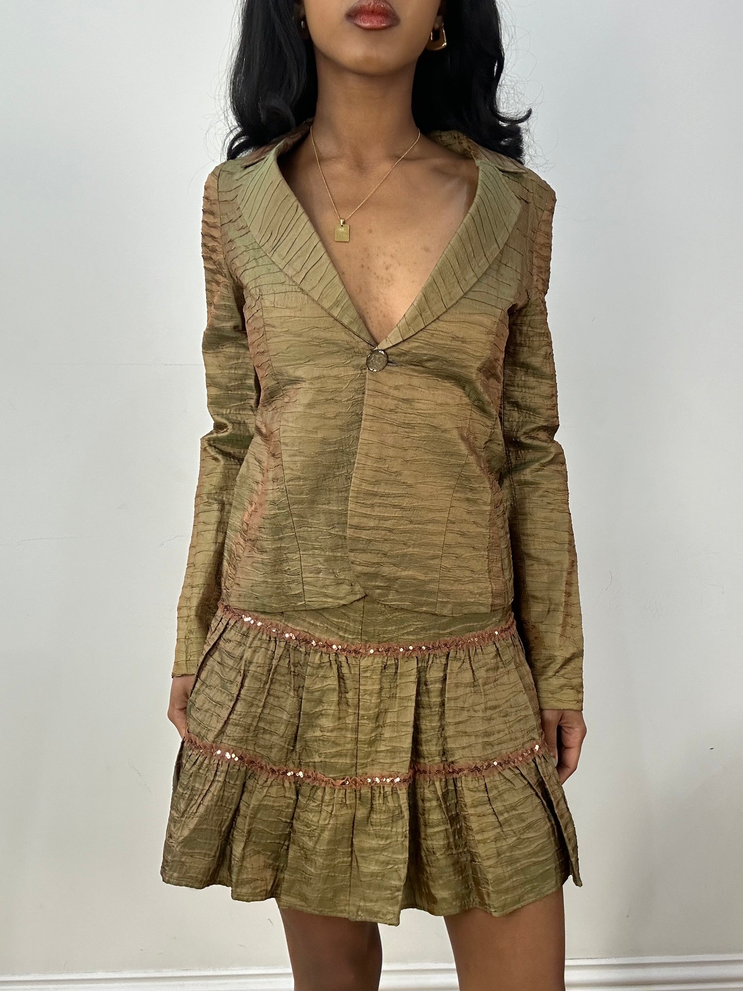 BEST PICKS | medium green iridescent skirt & blazer set