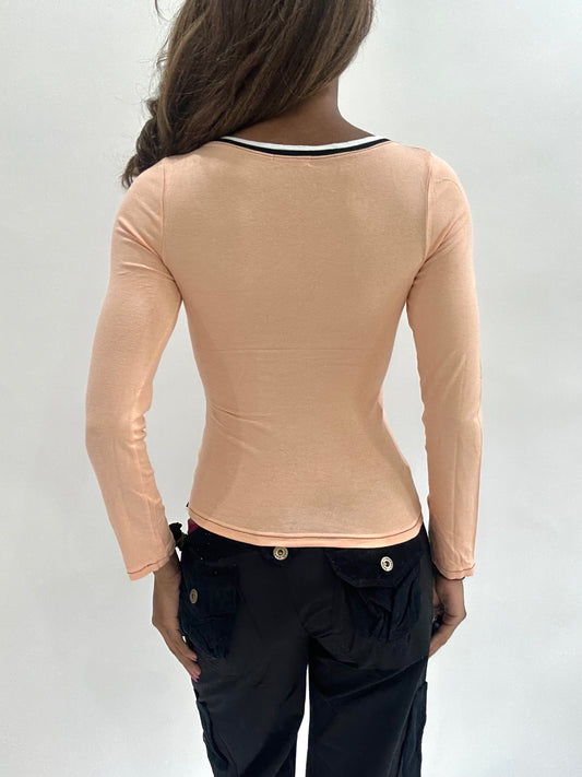 ‼️ | small peach pink long sleeve ribbon detail top