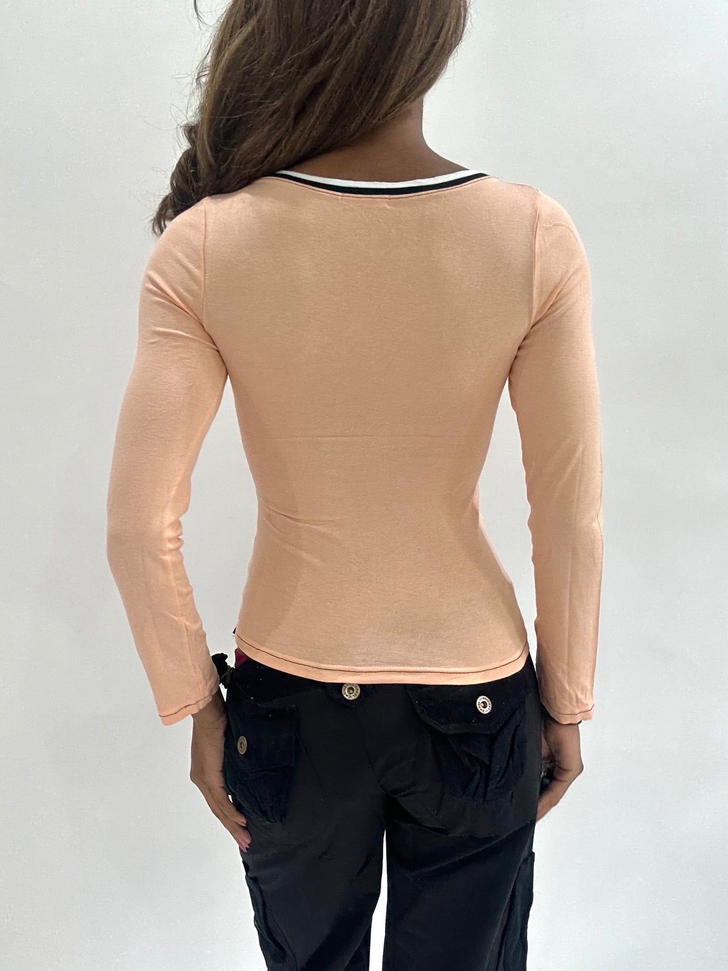 ‼️ | small peach pink long sleeve ribbon detail top