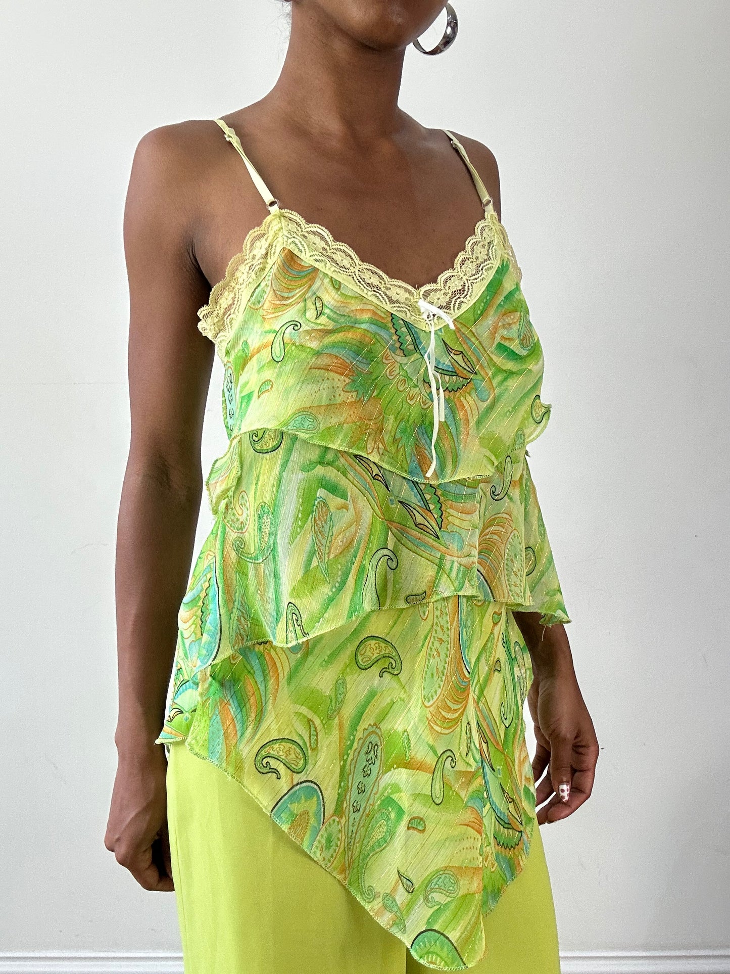 vintage edit twenty-seven | small green ruffle cami top with lace detail