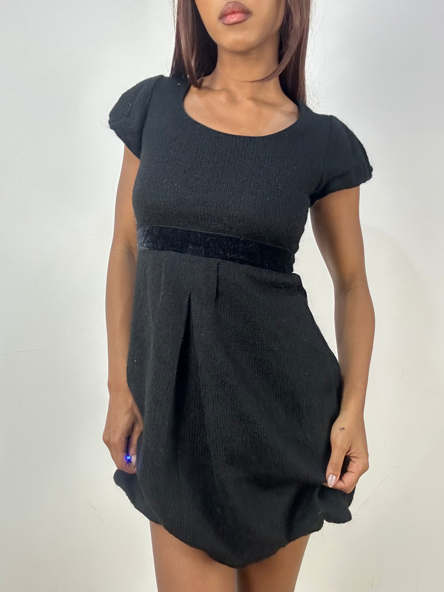 vintage edit thirty-three | small black knit mini dress with belted waist