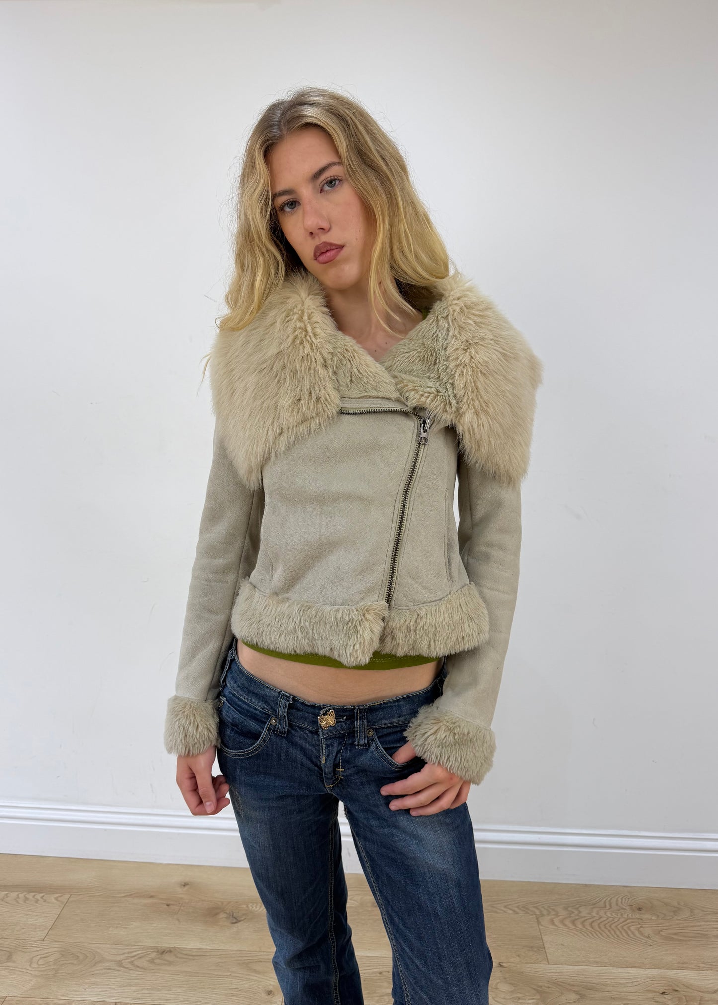 extra small cream suede zip up jacket with faux fur trim