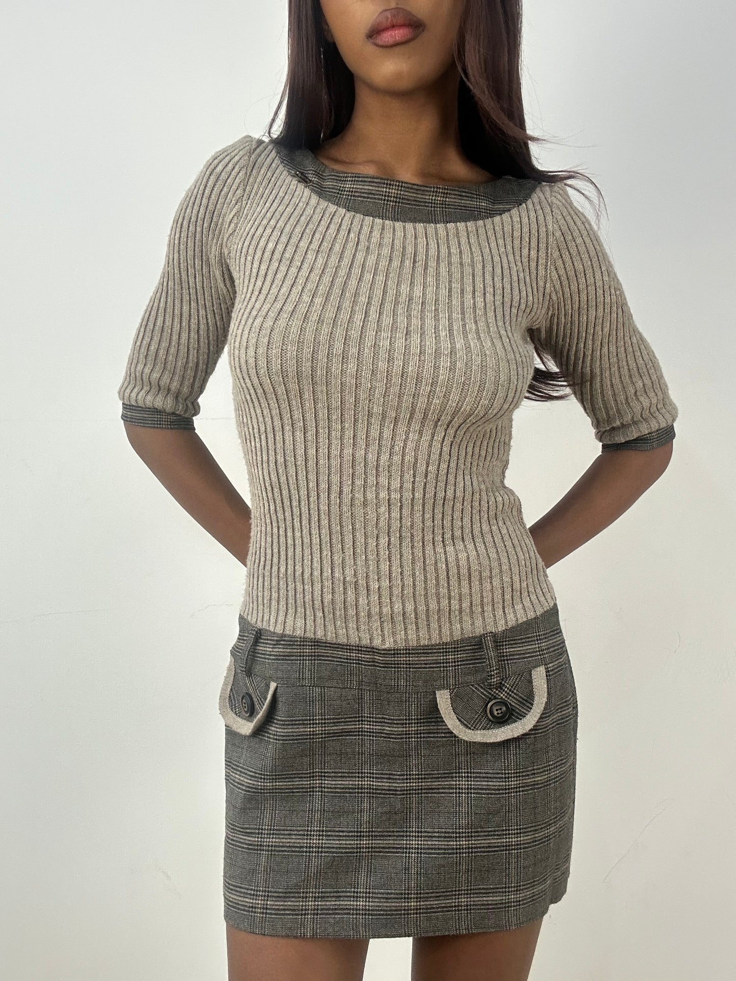 vintage edit thirty-three | extra small brown mini dress with plaid print