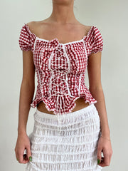 #368 SAMPLE SALE | xs أحمر gingham jolene نساء اللباس العلوي