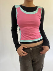 ‼️ | small black long sleeve top with pink vest overlay detail
