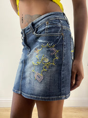 LFW edit | small blue denim mini skirt with embroidery