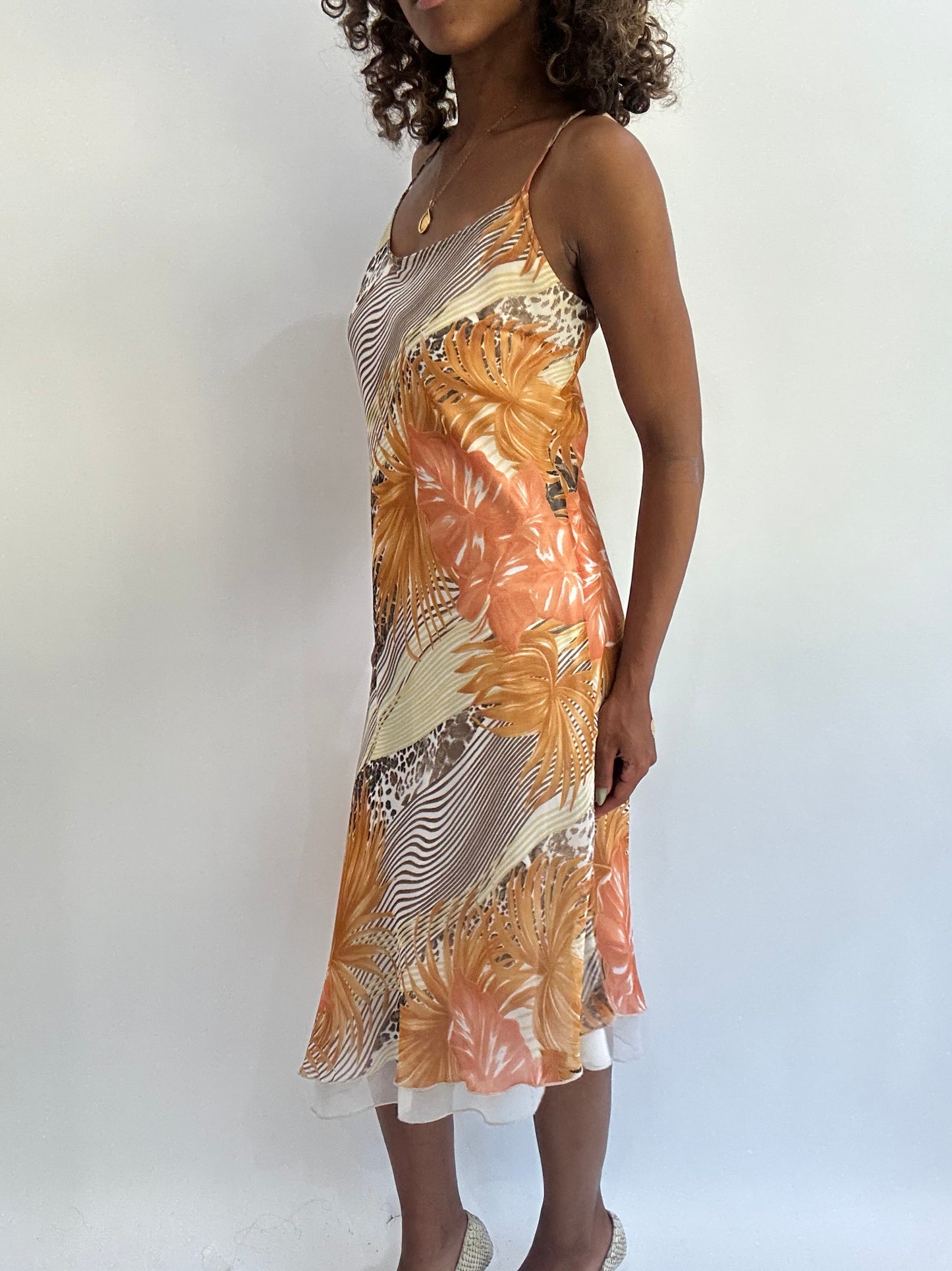 beach drop | medium orange patterned slip midi dress