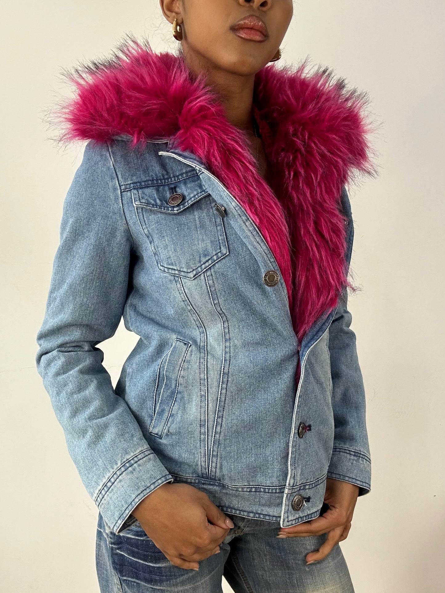 vintage edit fifteen | small denim blue and pink faux fur jacket