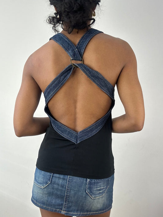 vintage edit: tops | small black and denim halterneck top with crossback detail