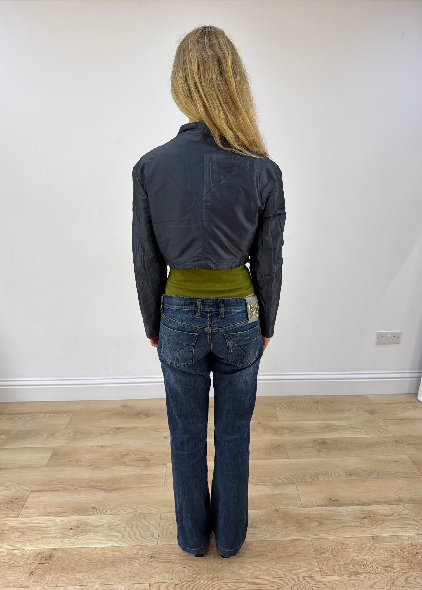 medium blue iridescent cropped jacket