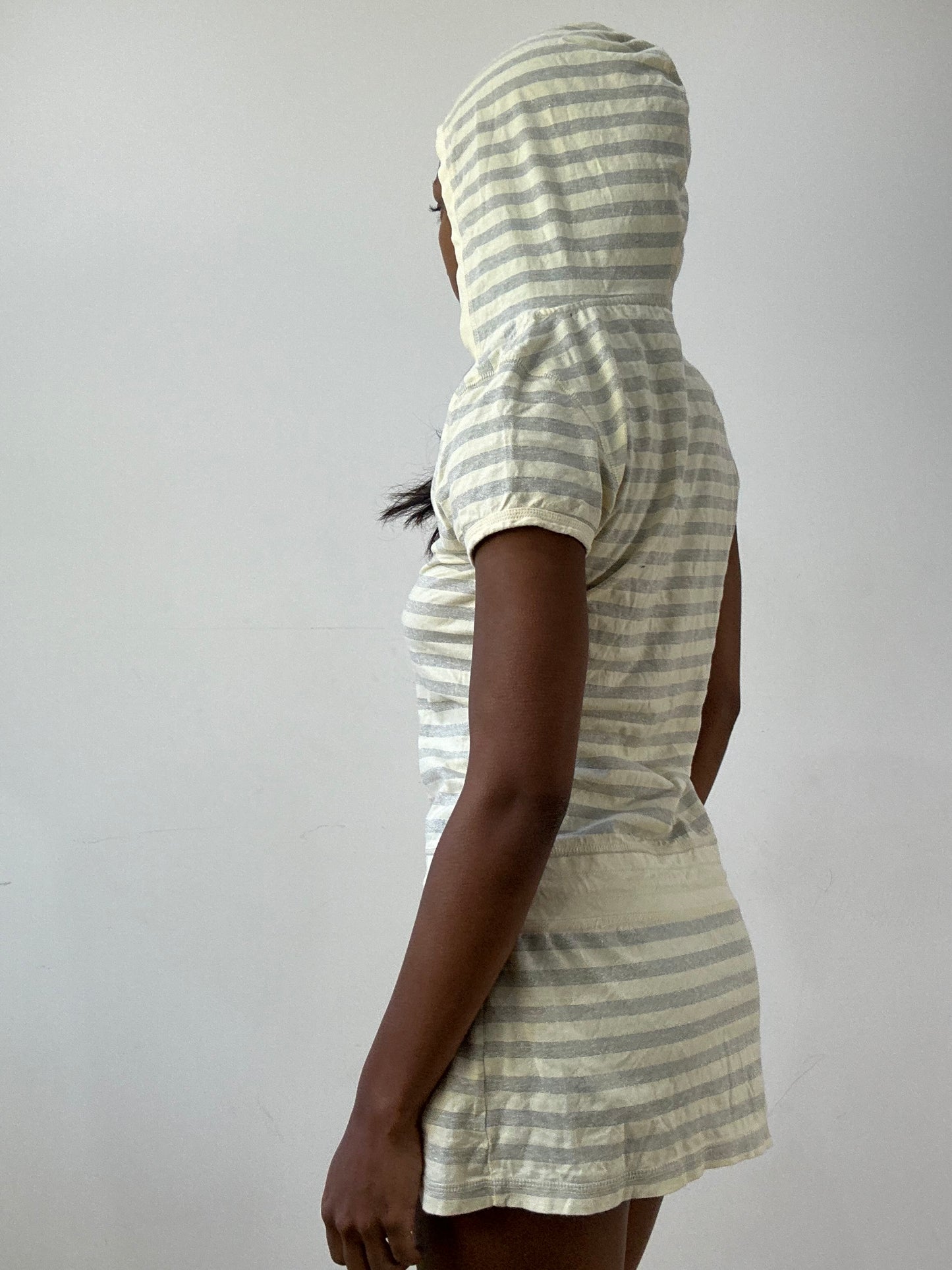 BEST PICKS | extra small yellow and silver striped hooded mini dress