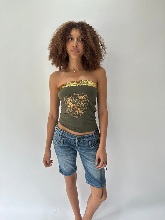 ‼️festival drop | small green bandeau ruched sequin top