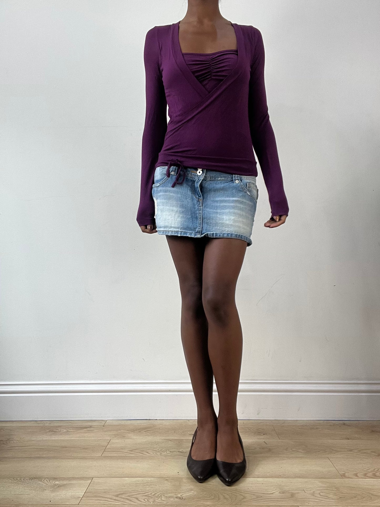 LFW edit | small purple long sleeve wrap style top with bandeau underlay