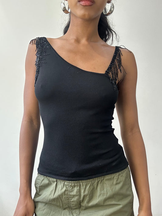 BEST PICKS | small black asymmetric top with beading detail