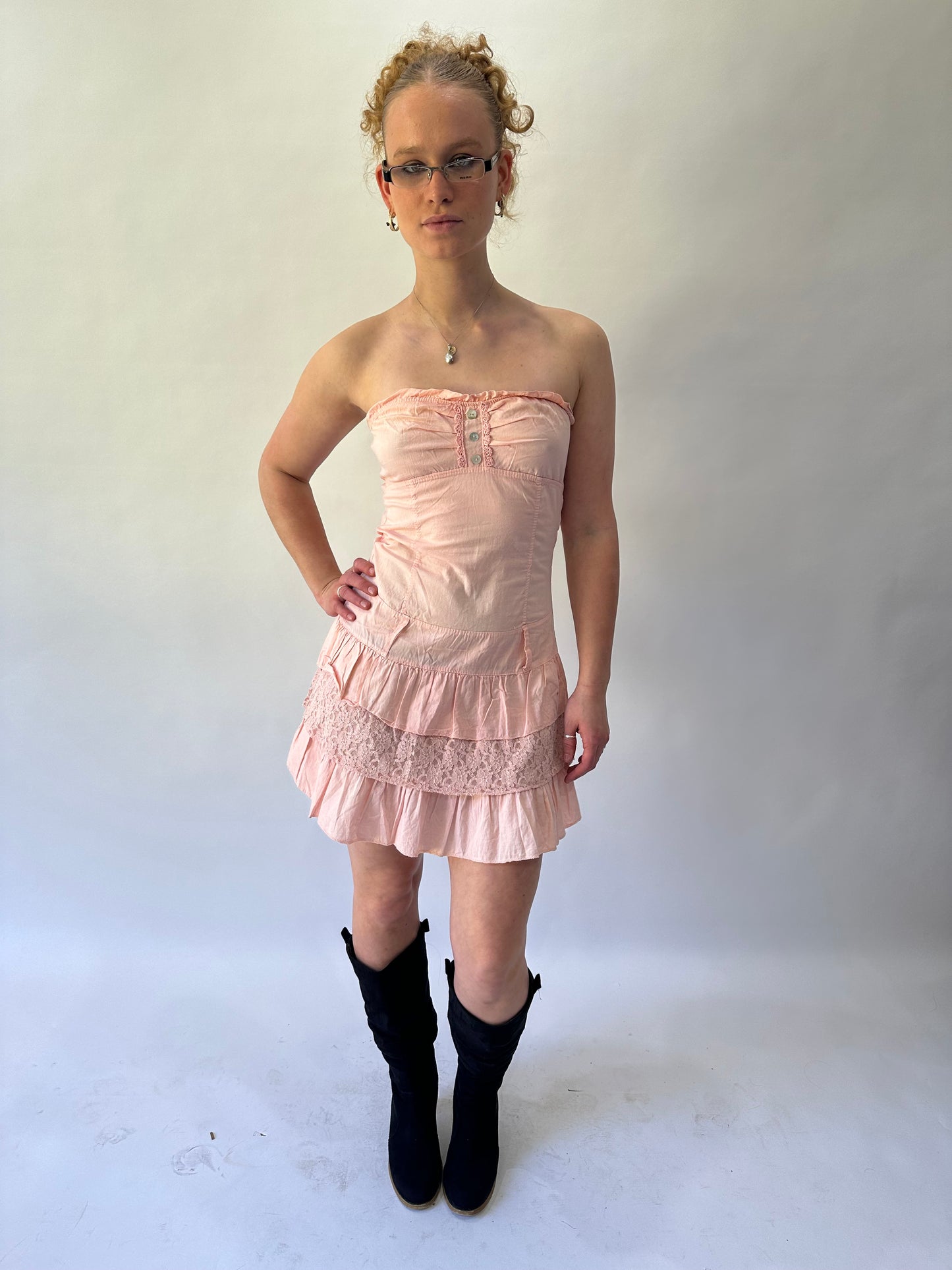 devil wears prada | small pink bandeau ruched ruffle mini dress