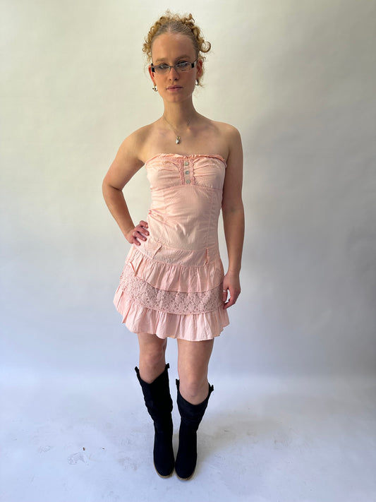 devil wears prada | small pink bandeau ruched ruffle mini dress