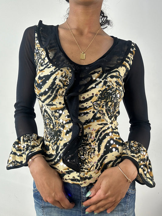 vintage edit: tops | small black leopard print ruffle long sleeve top with silver sequins